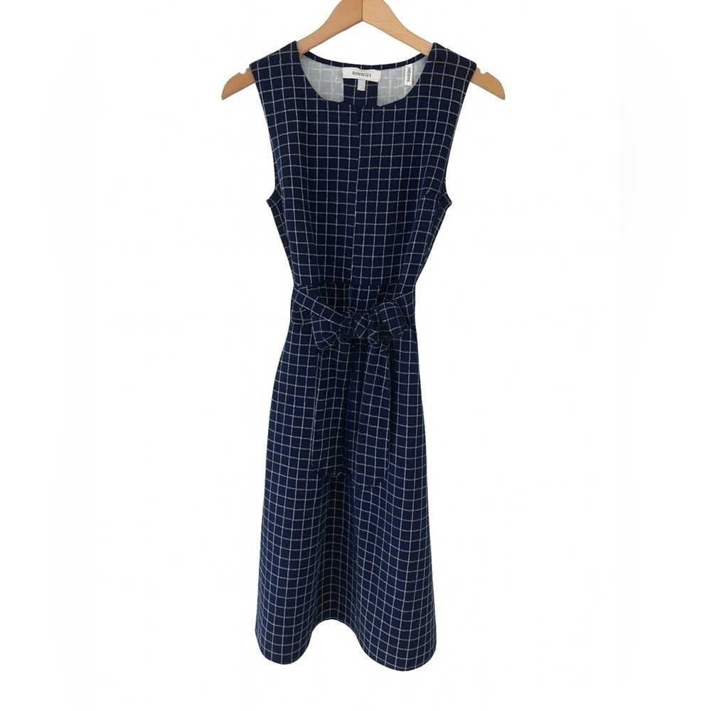 Lark & Ro Navy Blue White Checkered A-Line Dress Size 2 Sleeveless Belted - Picture 3 of 6
